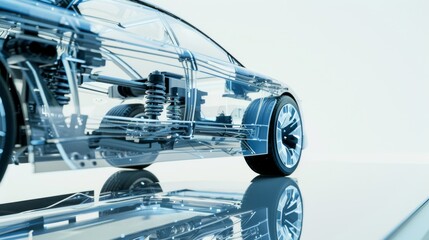 Obraz premium An intricate transparent car model showcases advanced automotive mechanics and technology, emphasizing precision and futuristic vehicle design.