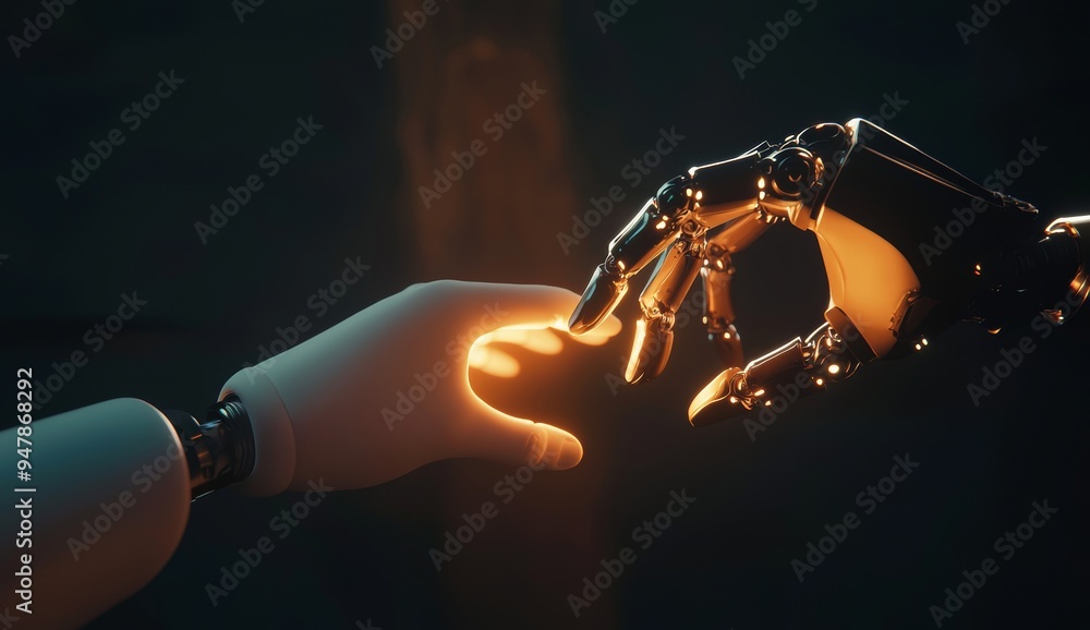 Poster 3d rendering of human hand making contact with robot hand on dark background