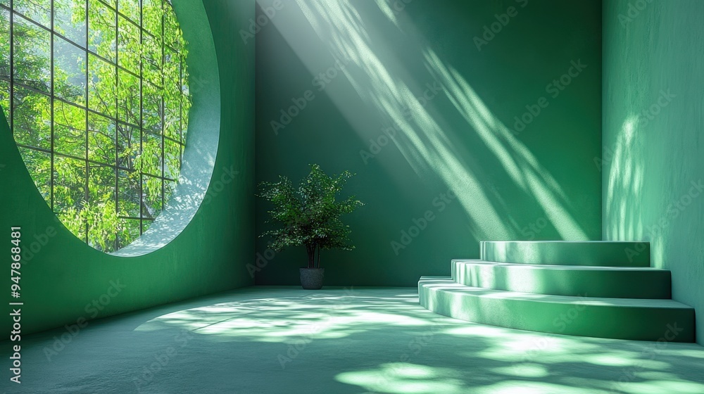 Poster 3d render simple abstract green backgroun3d with shadows an3d bright sunlight modern minimal showcas