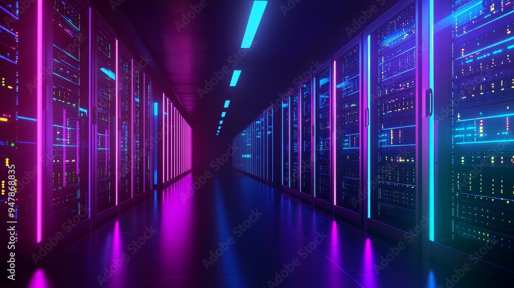 Poster dark data center with multiple rows of fully operational server racks. digital telecommunications, c