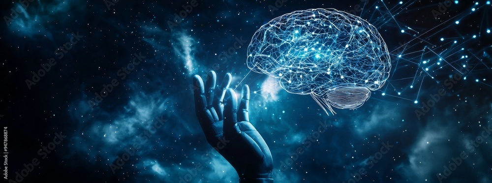 Poster machine learning. hand touching binary data. futuristic stock (ai). deep learning and innovative alg