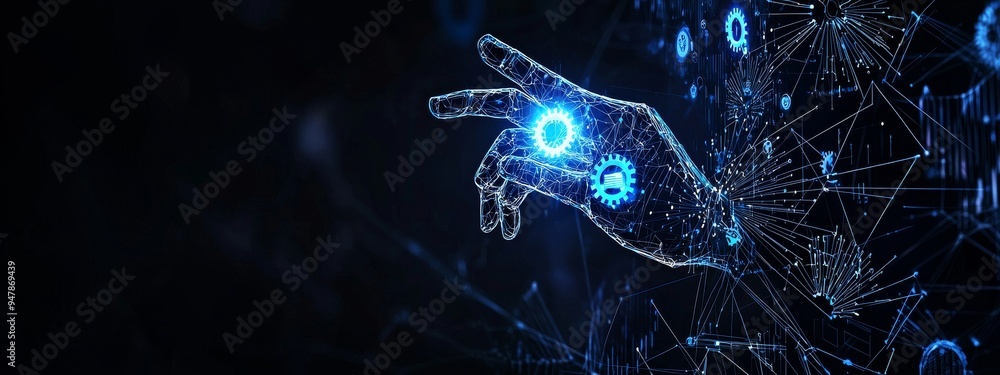 Poster an engineer hands checks and controls the welding robotics automatic arms in the intelligent factory