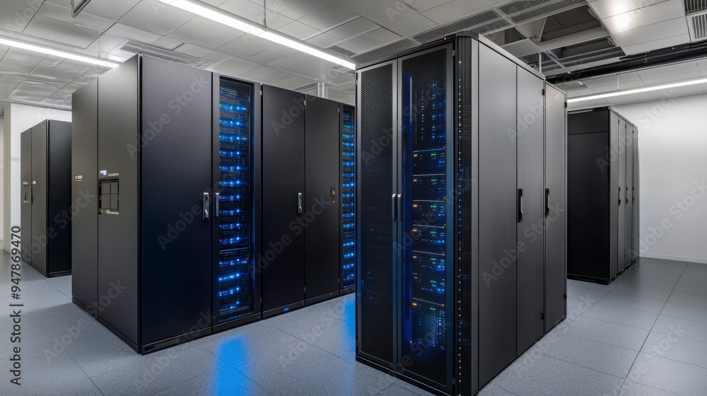 Poster a view of a modern data center with multiple rows of fully operational server racks. concept of comm