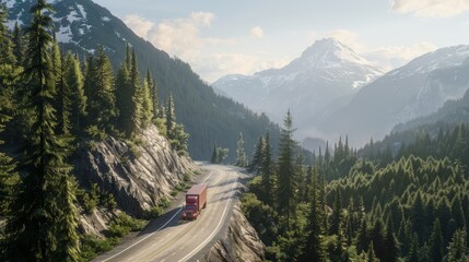 Obraz premium A truck navigating a winding road through a dense, evergreen forest with towering mountains in the background, depicting an adventurous journey.