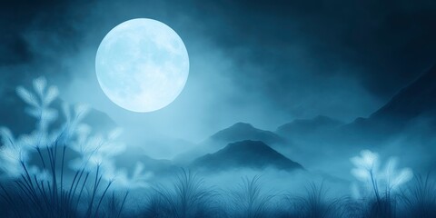 Fototapeta premium Enchanting Night Landscape with Full Moon Over Misty Mountains and Water