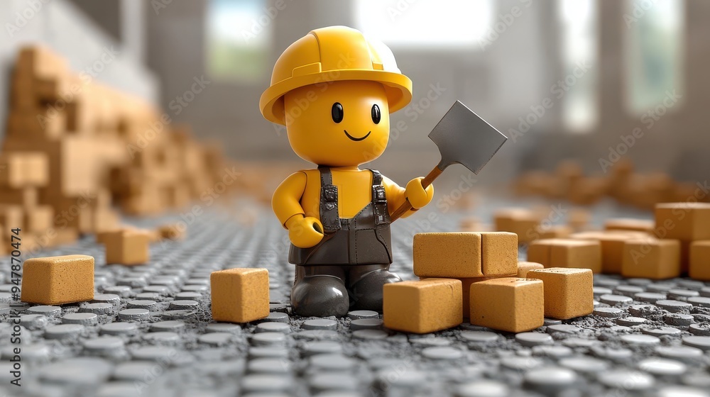 Aufkleber 3d render twiste3d elastic cartoon human han3d holds trowel an3d re3d brick professional bricklayer 