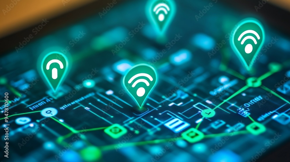 Poster wifi signals and location pins on digital circuit board technology and connectivity concept.