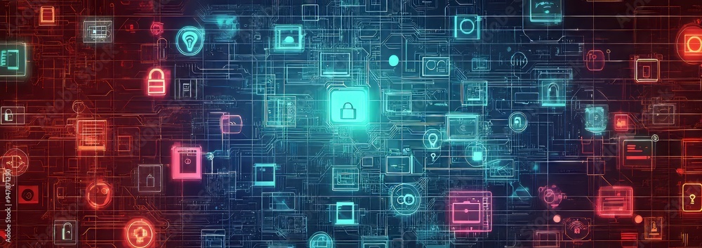 Poster a diagram with icons on a server room background representing concepts in ict and iot.