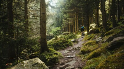 Obraz premium A mountain biker rides through a lush sunlit forest, capturing the essence of thrill and the splendor of nature during an adventurous journey.