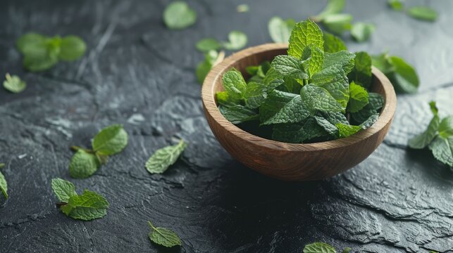 A wooden bowl of fresh mint leaves sits on a dark slate surface, offering a rustic and natural touch to culinary or home decor.