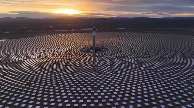 Aerial view of crescent dunes solar energy project with solar panels at sunset in desert landscape, Tonopah, United States.