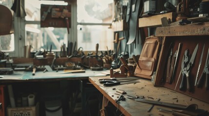 A cluttered yet charming workshop filled with an assortment of tools and materials, bathed in natural light.