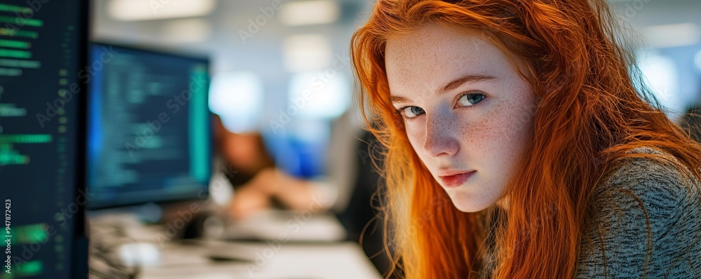 Poster young female programmer working on computer code at night in office