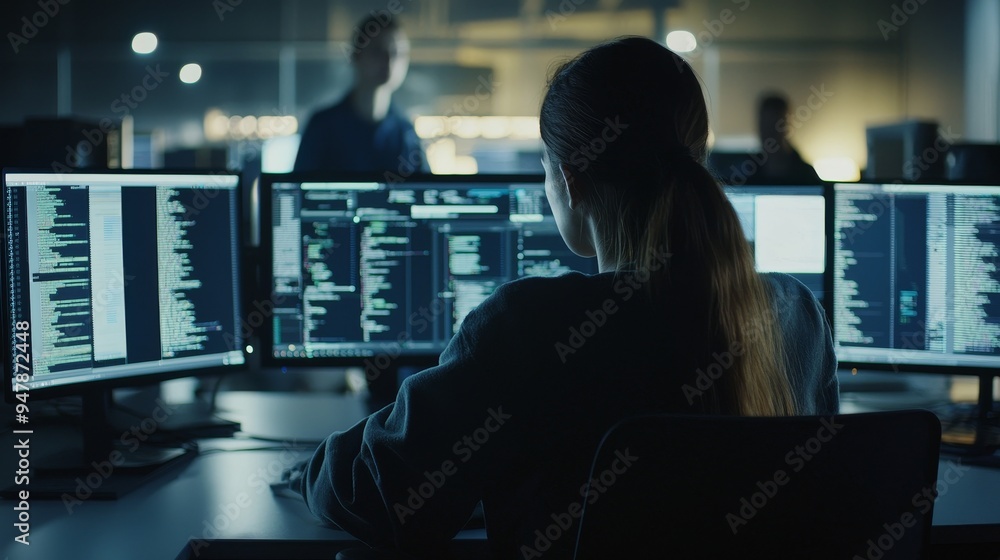 Poster a technical expert works on a personal computer with screens showing software programs displaying co