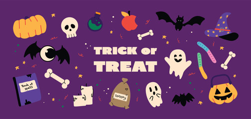 Cartoon halloween cartoon stickers. 90s doodle hand draw stickers. Ghost, pumpkin, candle, bat, bones, magic hat, spells, skeleton