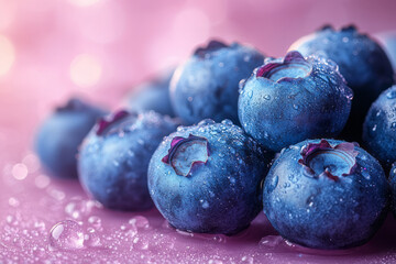 Plump blueberries on a pale lavender background,
