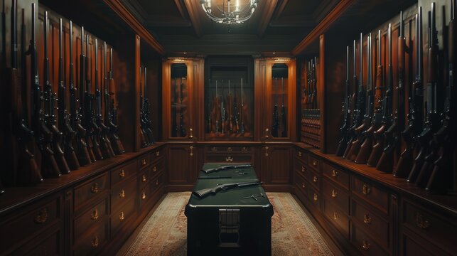 A meticulously organized gun room with polished wooden cabinets and a display of firearms, illuminated by a central chandelier.