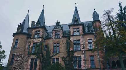 Fototapeta premium Grand, ivy-clad castle against a muted, overcast sky, emanating a blend of history, melancholy, and timeless charm through its structured elegance.