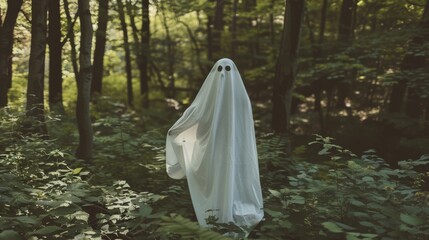 A figure draped in a white sheet with eye holes, standing hauntingly in a dense forest, creating a mysterious and eerie atmosphere.