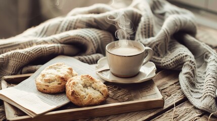 Fototapeta premium A cozy breakfast scene featuring steaming coffee and freshly baked biscuits on a rustic wooden table, creating a warm and inviting morning atmosphere.