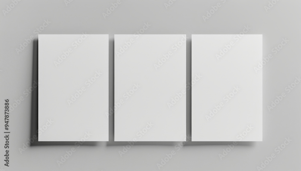 Aufkleber three blank a4 paper mockup on grey background in front view layout