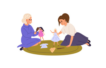 Little girls, friends play with dolls. Small sisters hold toys in hands. Kids enjoy pastime with dollies. Happy children have fun together. Flat isolated vector illustration on white background