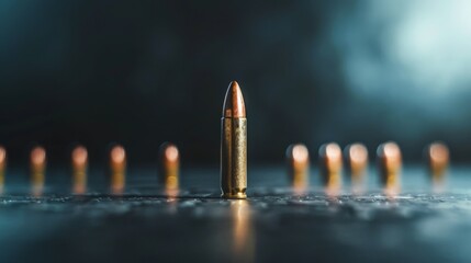 A single bullet stands prominently against a lined-up row of unfocused bullets, exuding strength and focus.