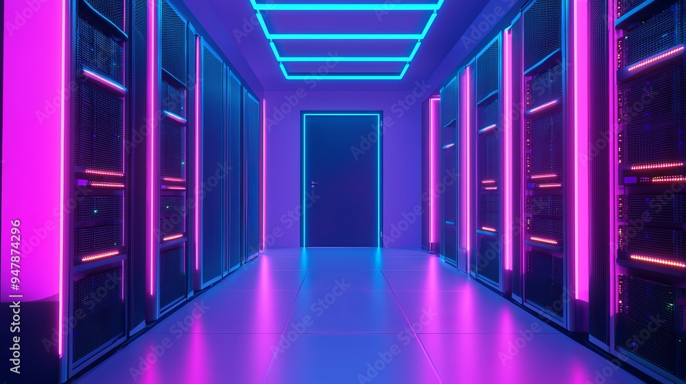 Poster modern telecommunications, a working data center, and supercomputer technology. 3d rendering, concep