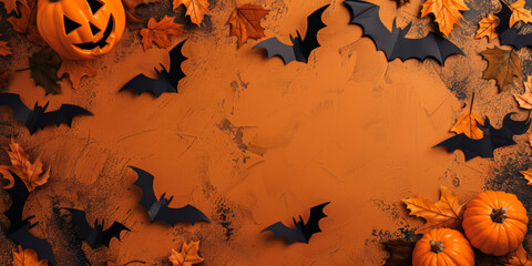 Halloween-themed background featuring pumpkins, black paper bats, and orange autumn leaves arranged on a textured orange surface. Perfect for festive designs and seasonal decor