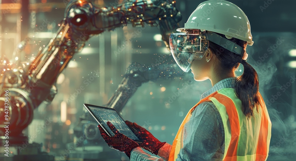 Poster working as a manager or industrial engineer with an industry factory and network connected robot arm