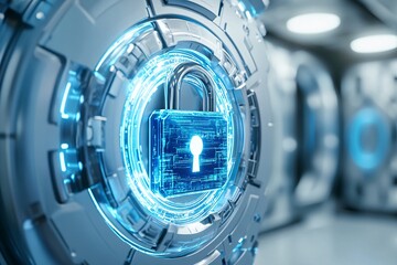 lock symbol in digital security circle, blue color on white background, tech style, futuristic