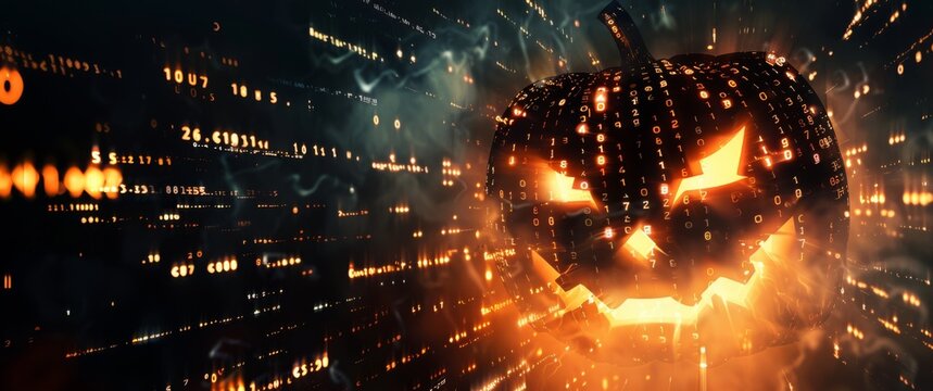 A glowing jack-o'-lantern with a sinister expression, illuminated by cascading digital code. The dark background and mist create a haunting Halloween and tech fusion