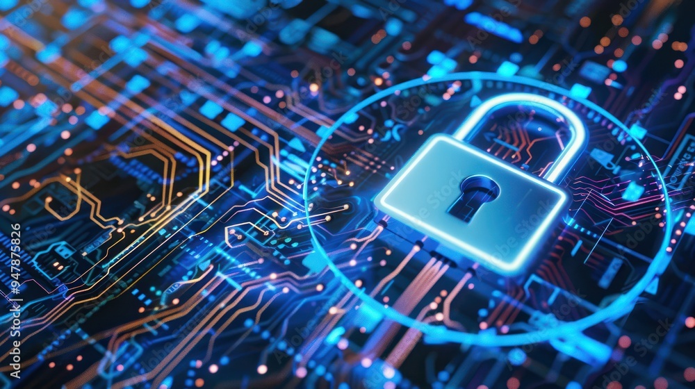 Poster cyber security and digital protection with a padlock on a circuit board
