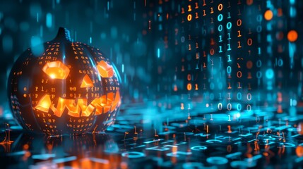 A glowing jack-o'-lantern surrounded by floating binary code and symbols on a futuristic digital background. The mix of orange and blue tones creates a spooky cyber-Halloween vibe