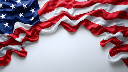 A beautifully draped American flag on a clean, white background, showcasing the iconic red, white, and blue colors.