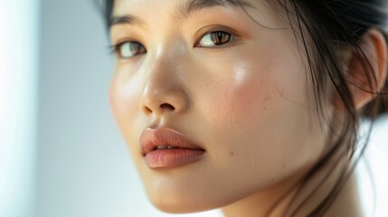 Fototapeta premium Close-up of a woman with a serene expression, her glowing skin and soft gaze accentuated in natural light, highlighting beauty and grace.