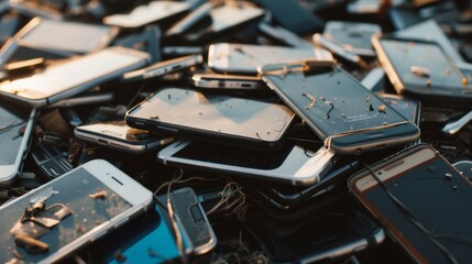A massive pile of discarded smartphones, reflecting sunlight, symbolizes electronic waste and the rapid obsolescence of technology.