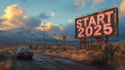 Beautiful highway asphalt road side, large advertising banner "START 2025" written in big letters․