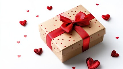 The gift features a vibrant red ribbon bow, placed elegantly among shiny heart-shaped decorations, perfect for a special occasion