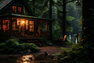 Cabin in the forest at night