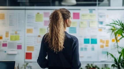 Back view of marketing woman standing in front task boards for designing a campaign on a sleek digital platform at office.