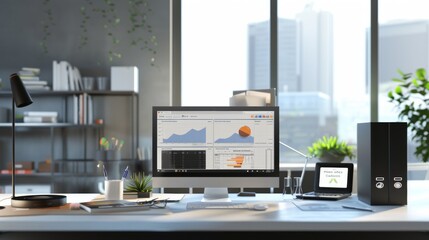 Obraz premium A clean, organized desk with a computer displaying analytical data, against a backdrop of cityscape through large windows, embodying modern productivity.