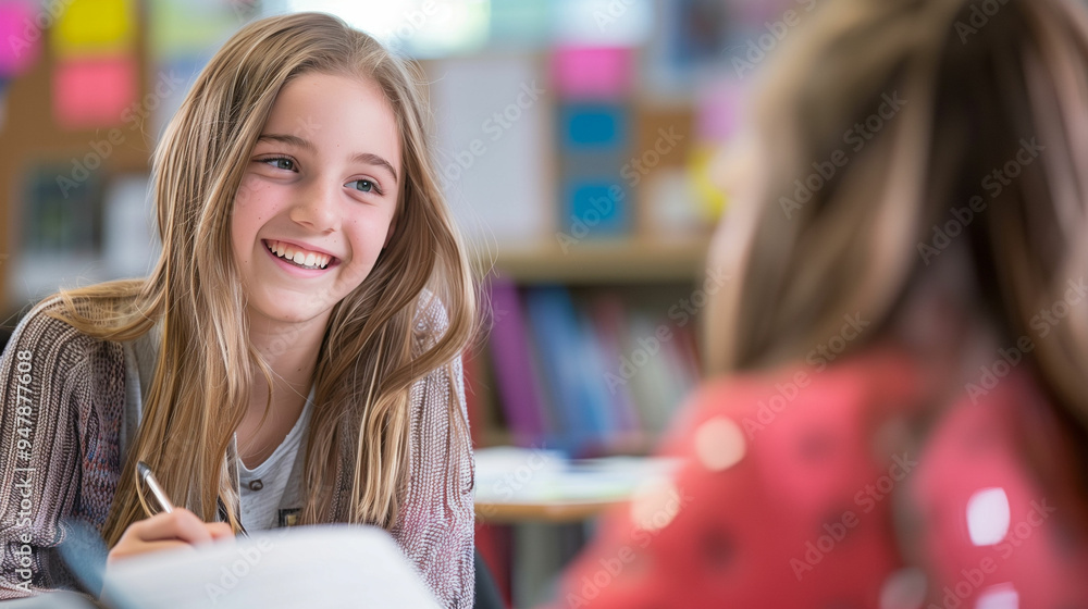 Poster young girl smiling and engaging in conversation during a classroom activity in a vibrant and interac