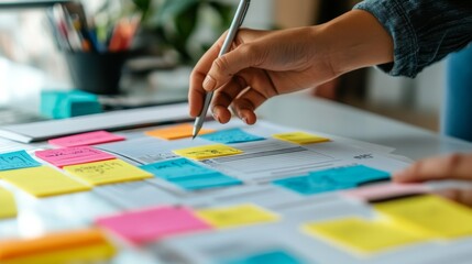 Close-up of Marketing service professional designing a campaign on a sleek digital platform on table in office.
