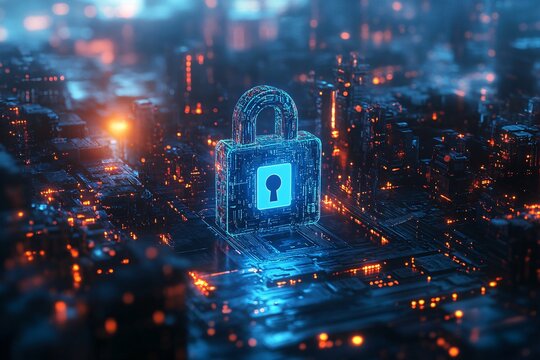 lock symbol in digital security circle, blue color on white background, tech style, futuristic