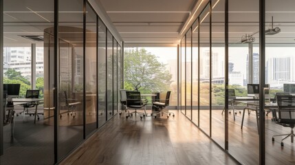 Fototapeta premium A sunlit modern office with floor-to-ceiling glass walls, minimalist interior, and views of greenery and cityscape, designed for productivity and comfort.