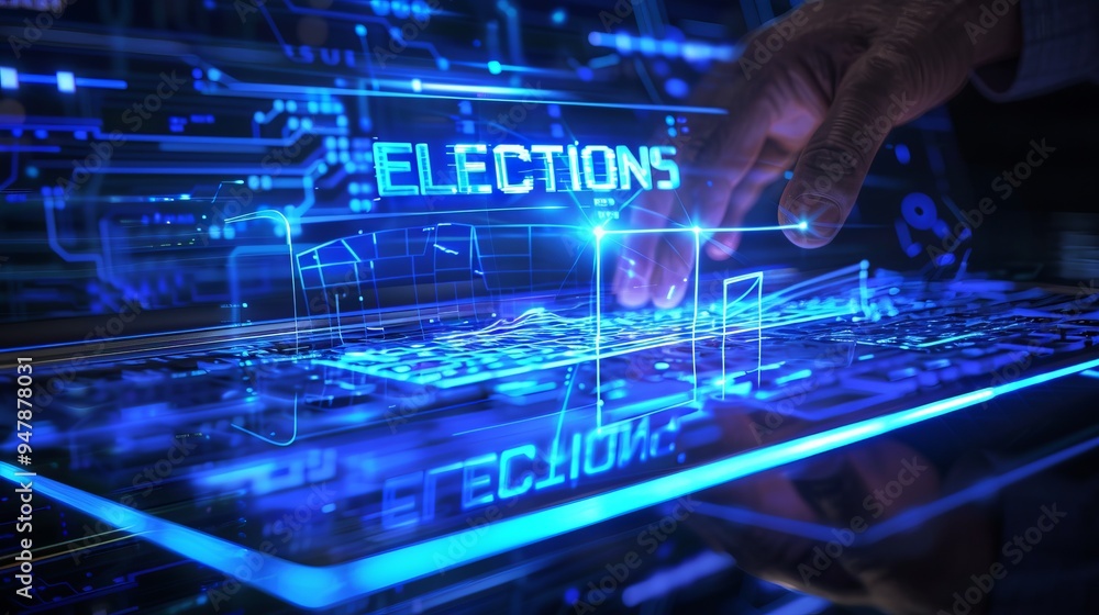 Wall mural a hand interacts with a high-tech digital interface featuring the word elections. this innovative di