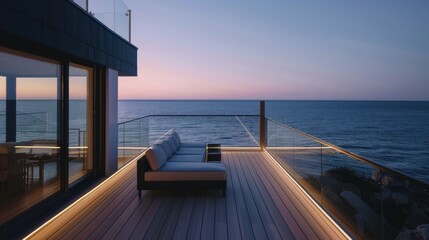 An elegant seaside terrace bathed in twilight, furnished with a minimalist sofa, offers a serene view of the calm ocean, invoking peace and tranquility.