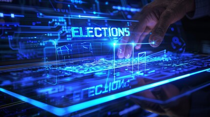A hand interacts with a high-tech digital interface featuring the word Elections. This innovative display represents the integration of technology in modern voting processes