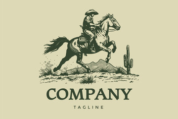 hand drawn crocodile cowboy ride a horse in desert with mountain and cactus landscape logo design template for brand business company branding